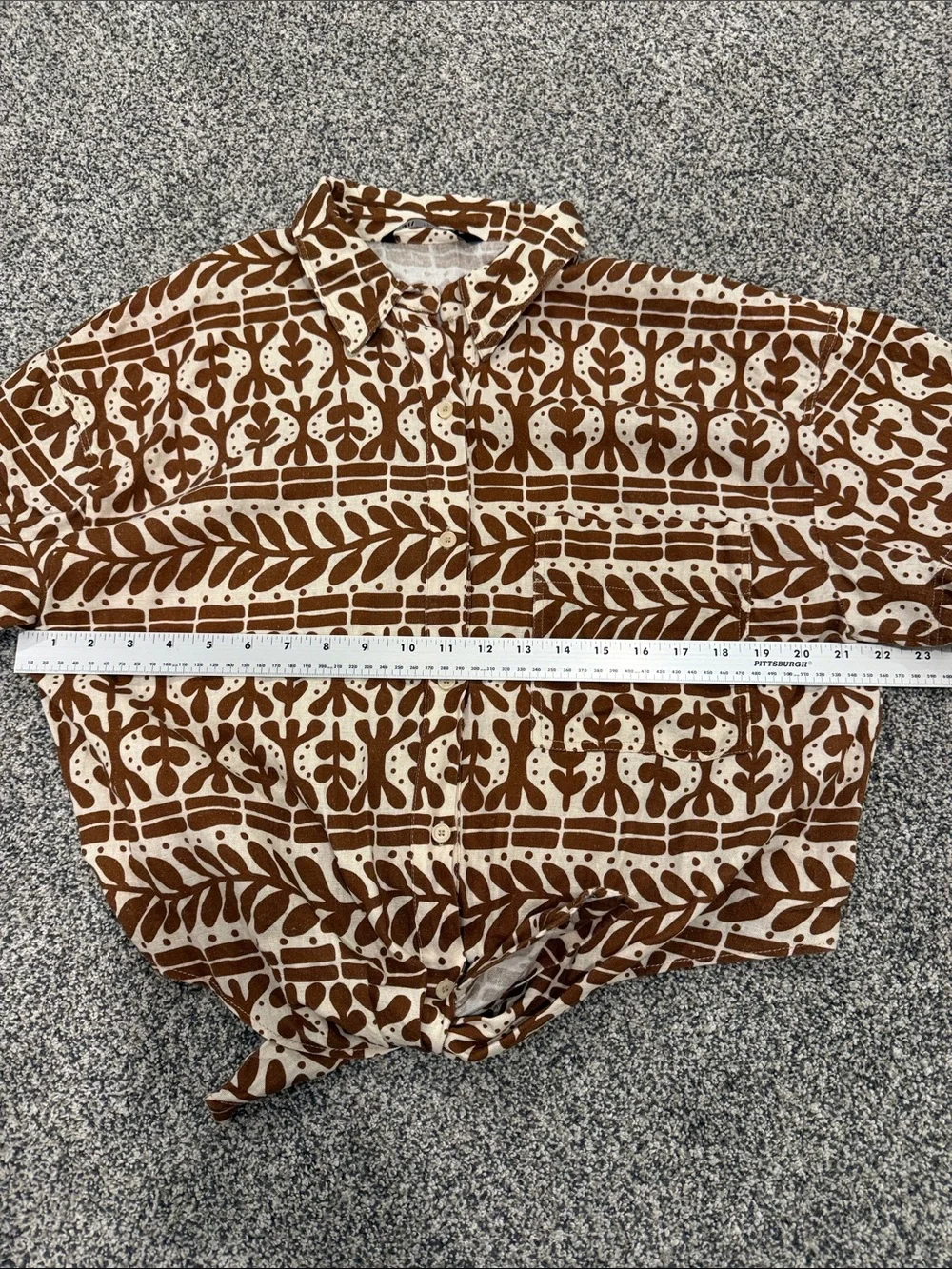 ZARA Aztec Sz L Brown Printed Linen Blend Short-Sleeve Button-Down Tie Waist Top